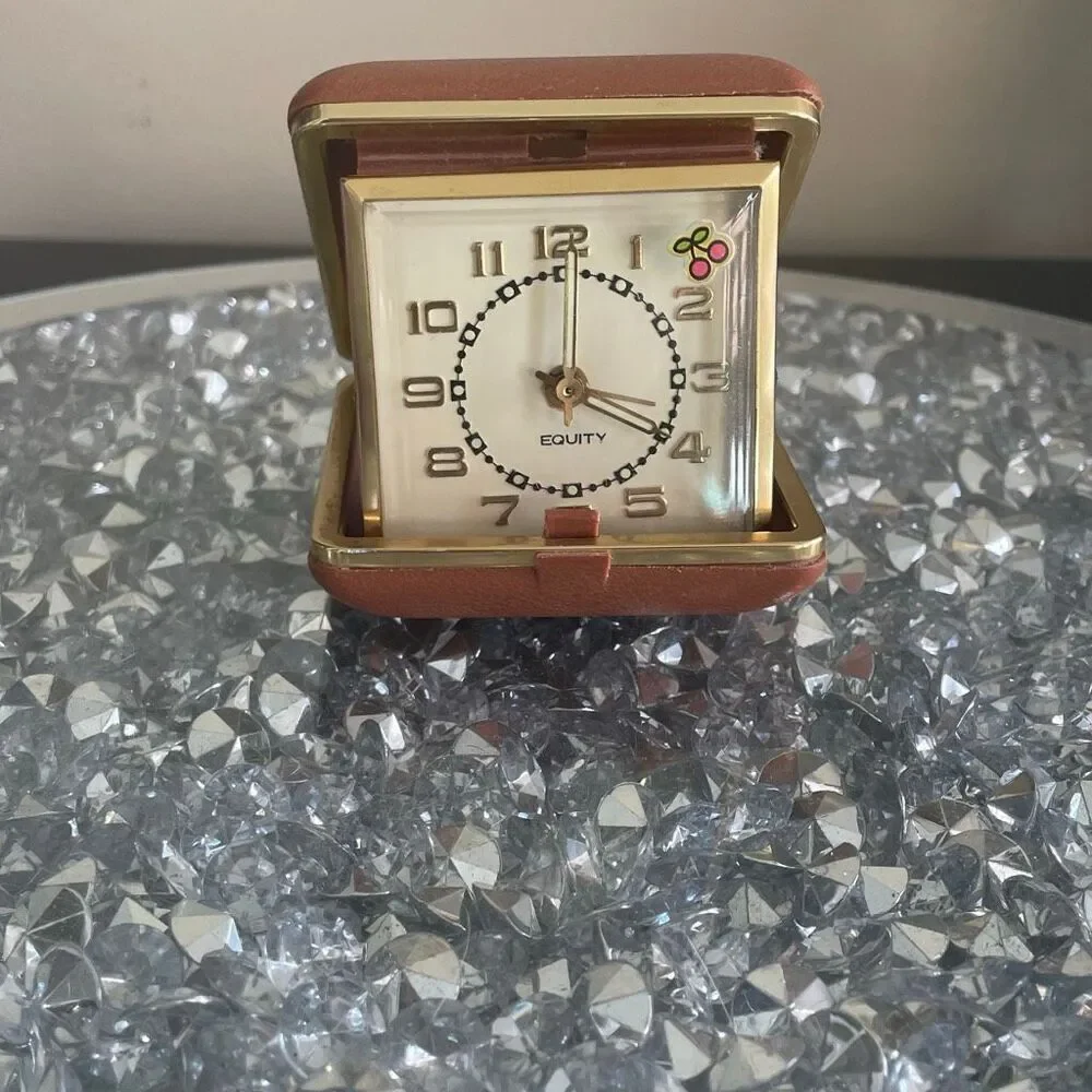 Vintage old Taiwan Equity Folding Travel Alarm Clock Illuminated Hands Wind Up